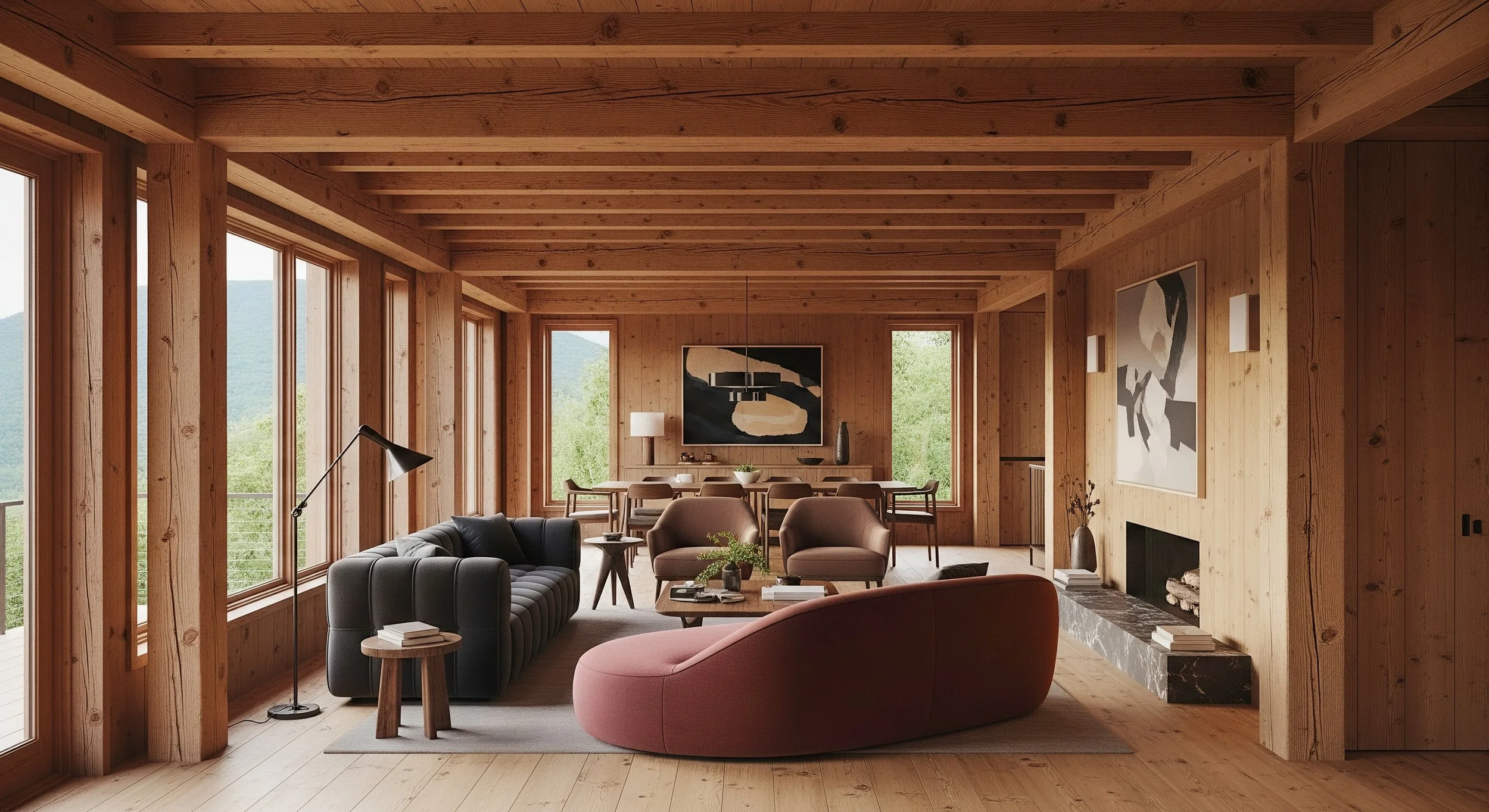 Timber-framed living space opening to a wooded view